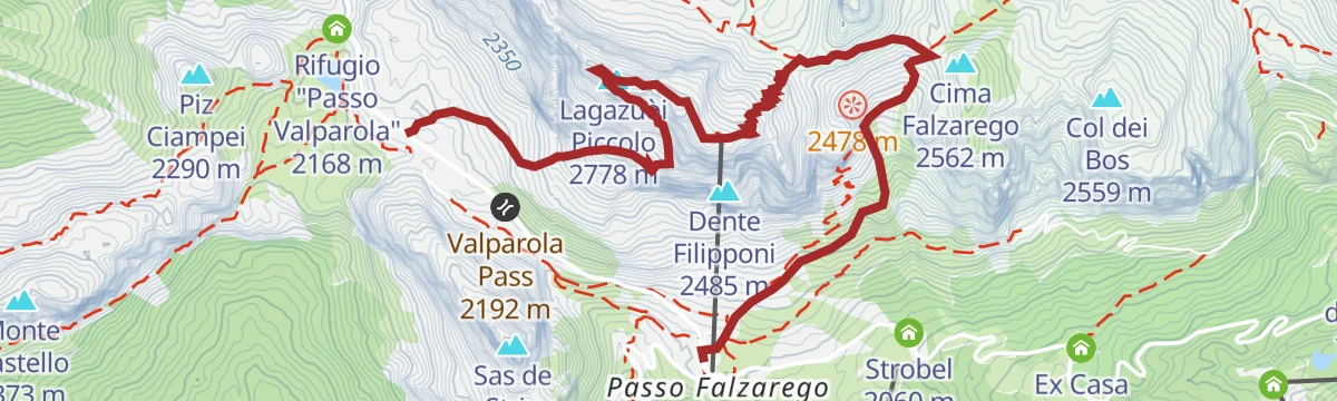 Route map: From Passo Valparola to the Lagació/Lagazuoi peak on the Kaiserjäger trail